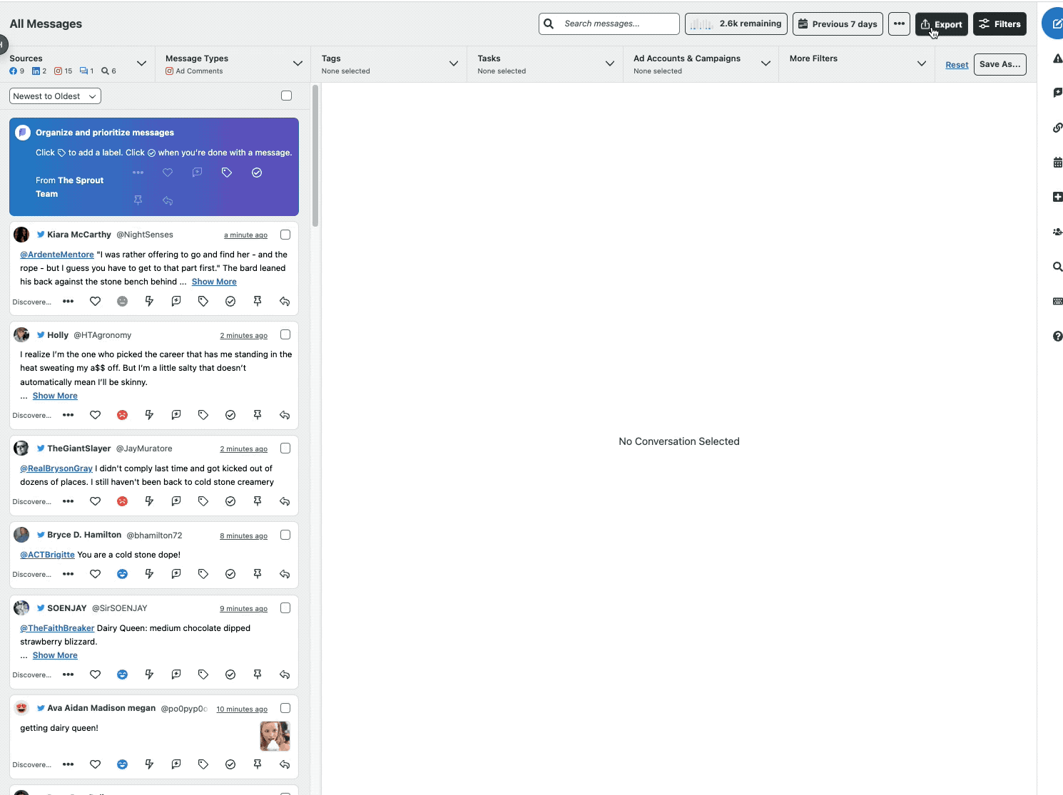 Animated GIF demonstrating how to export information from the Sprout Smart Inbox into a CSV file