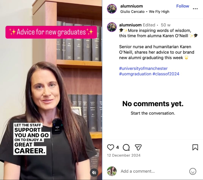 The University of Manchester’s Instagram Reel shows a past student giving advice to new graduates