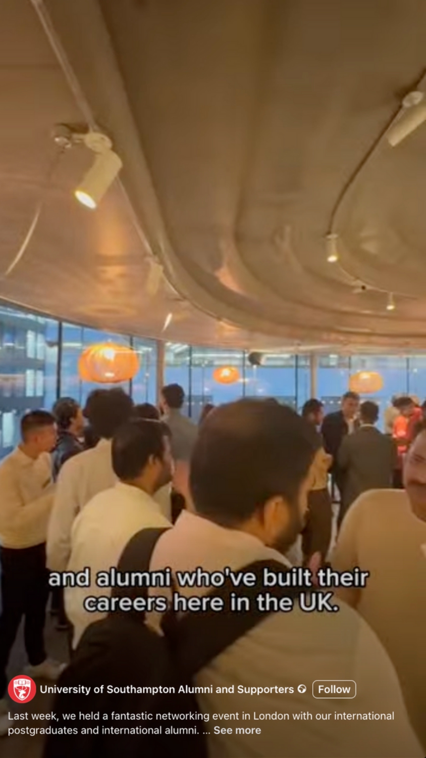 The University of Southampton’s Facebook Reel shows footage from its recent networking event in London