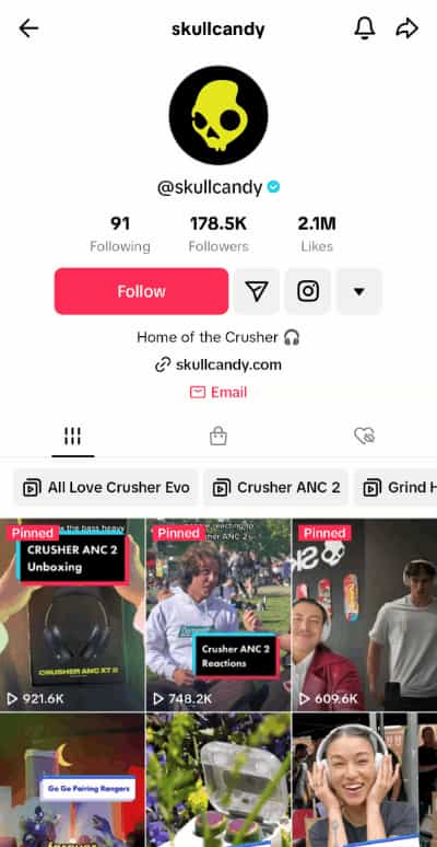 A GIF of Skullcandy's social media profiles across Instagram, TikTok and Threads. 