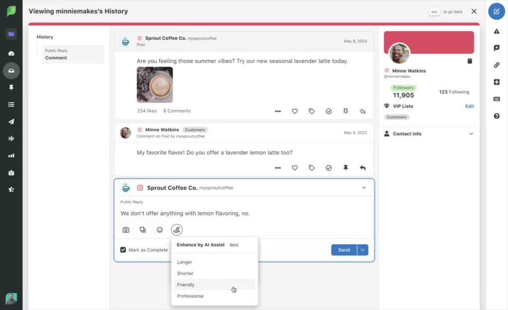 An AI dashboard showing a customer question to a post and a business reply drafted along with AI Assist 