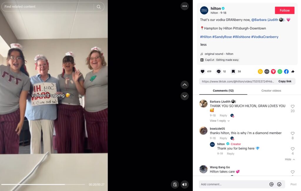 A TikTok video from Hilton about it’s surprise gesture of gifting “gran” and her family a complimentary stay after her granddaughter shared videos on TikTok about taking her to a Conan Gray concert.