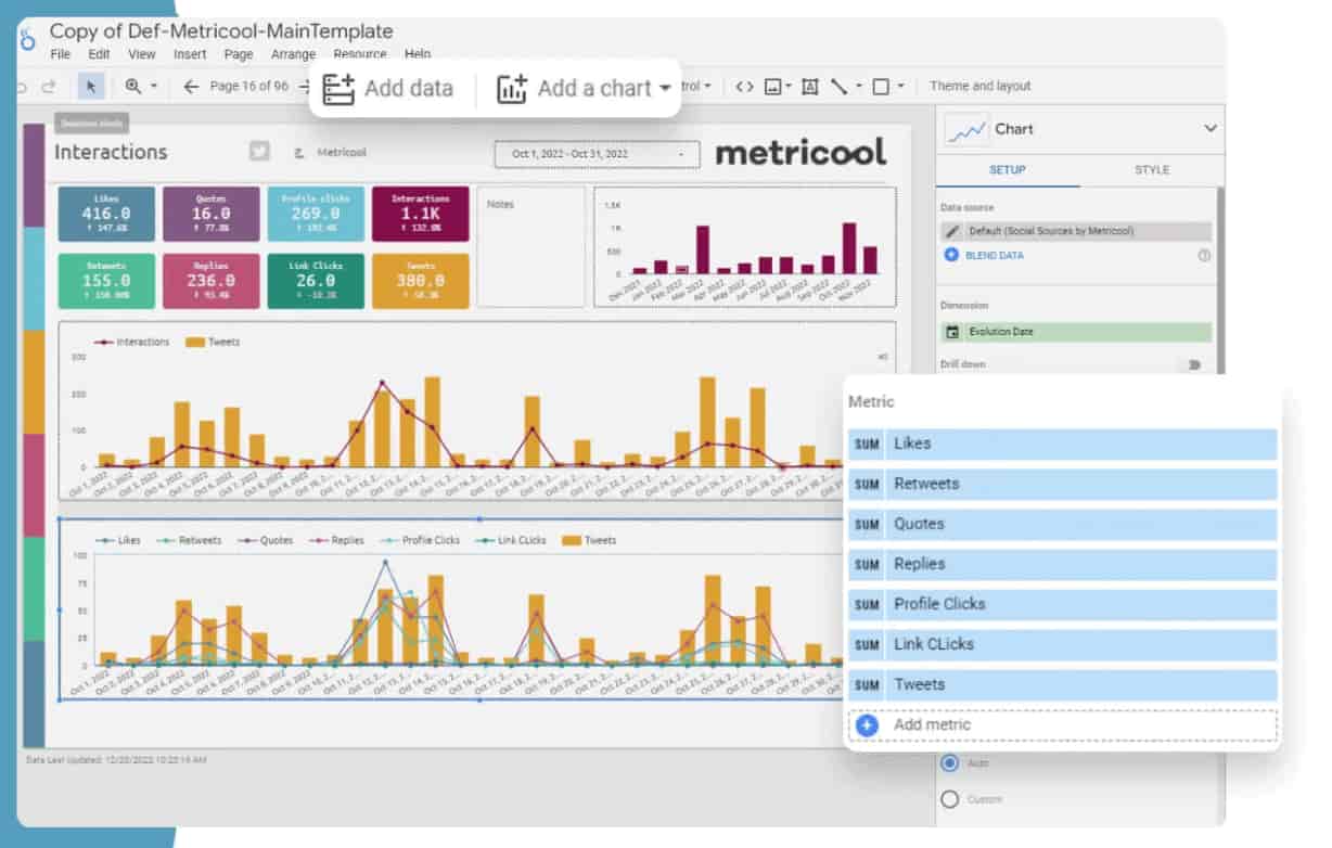 Metricool's Interactions dashboard shows social media analytics with metrics like replies and link clicks (Source: Metricool product page)