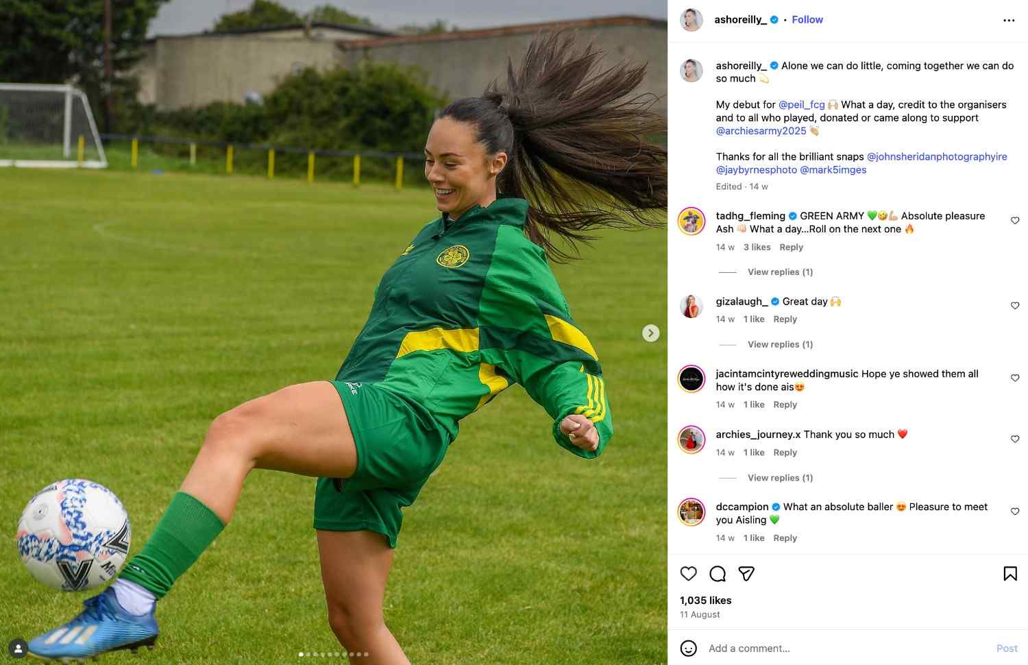 Aisling O’Reilly’s Instagram post shows her kicking a football at the Peil Football Charity Game