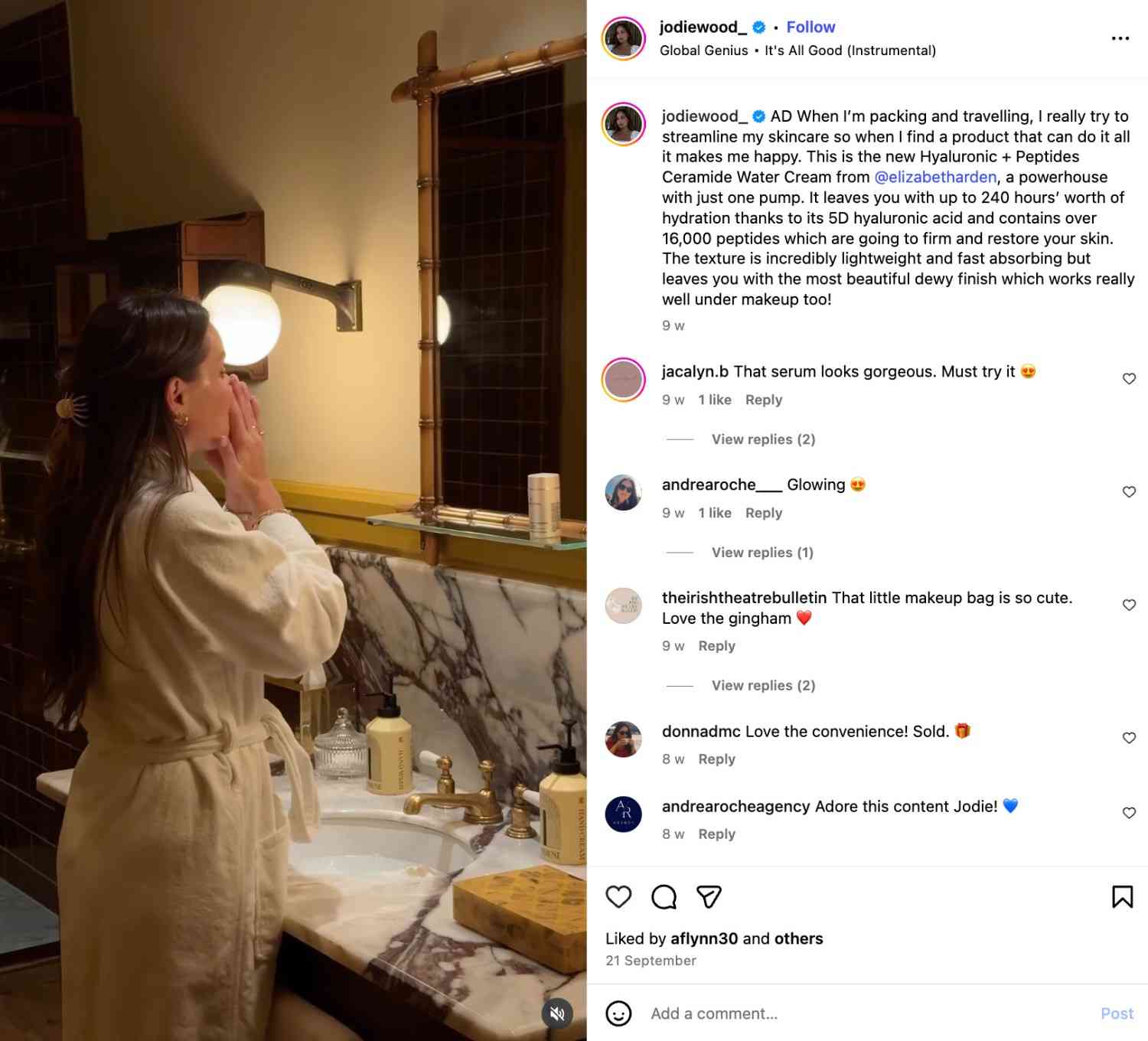 Jodie Matthews’ Instagram post shows her doing her night-time skincare routine in a dressing gown