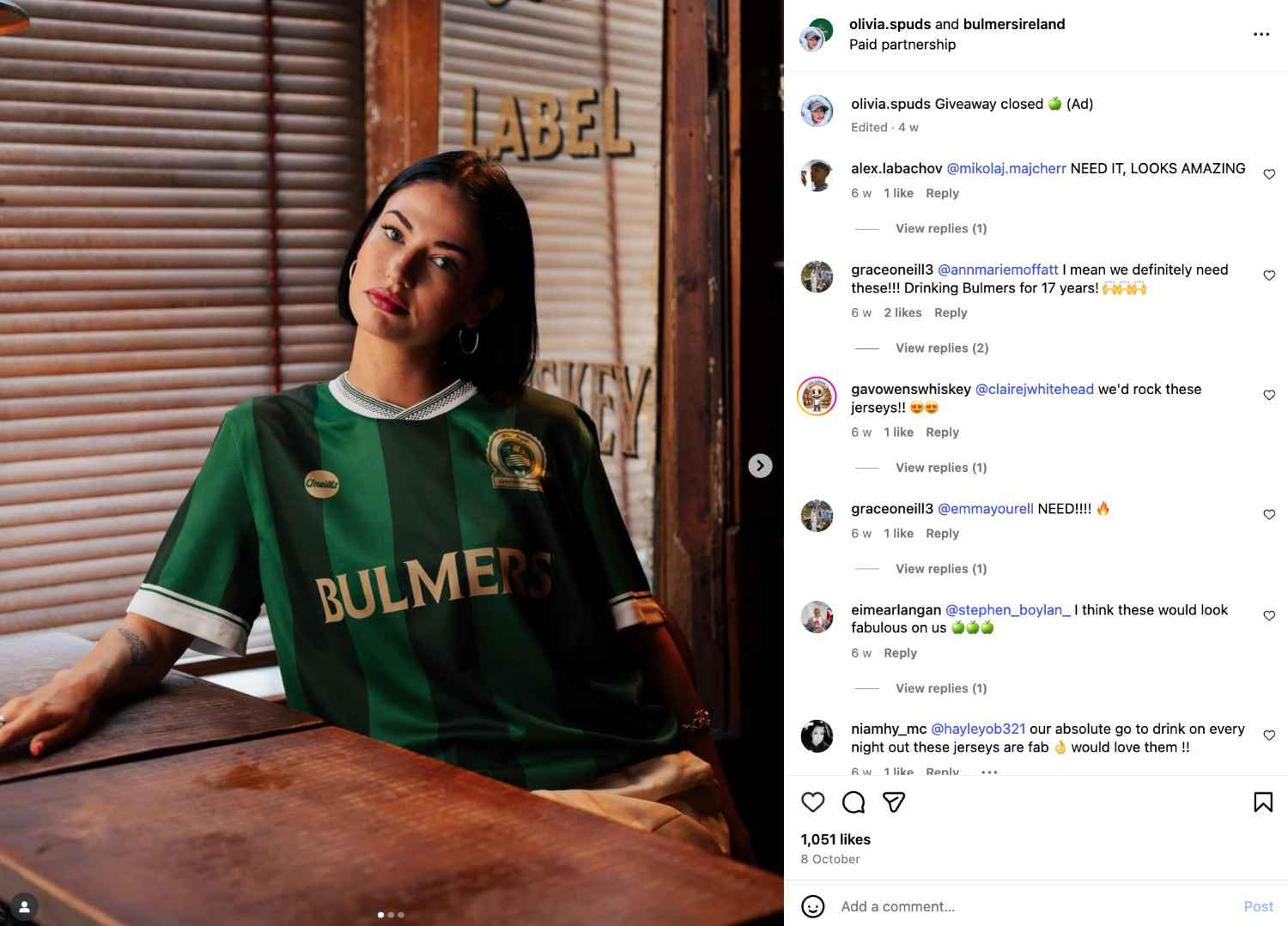 Olivia Spuds’ Instagram post promotes a giveaway for Bulmers cider to celebrate its 90-year anniversary