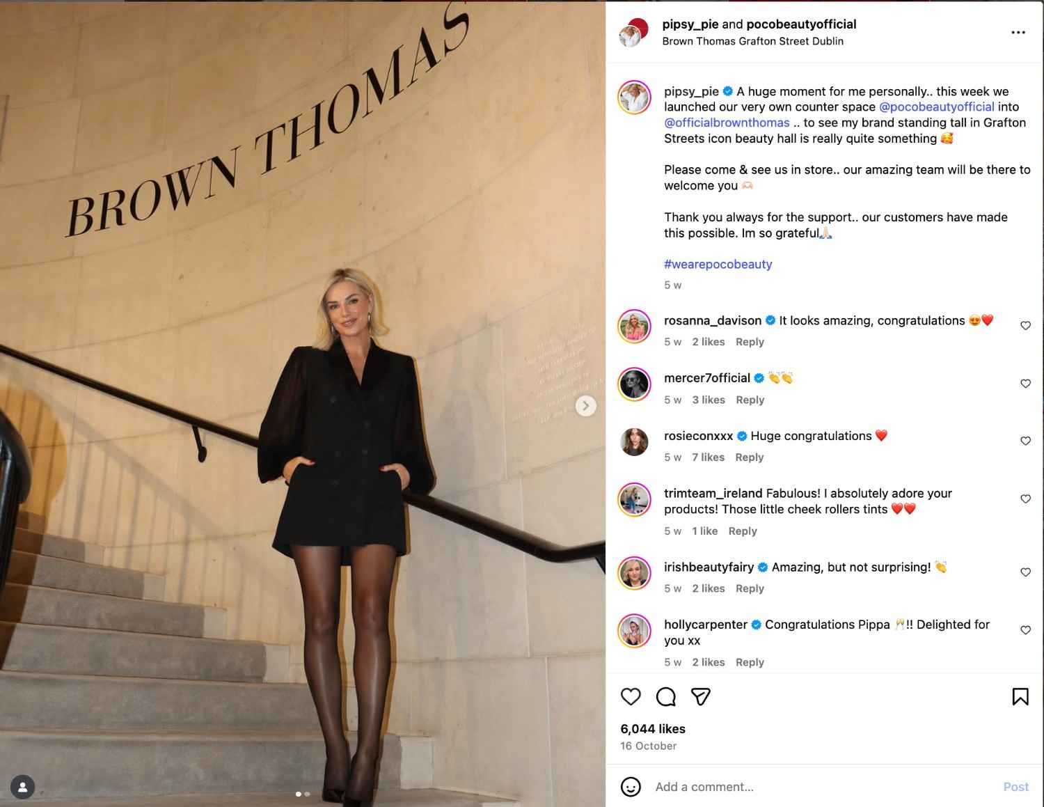 Pippa O’Connor Ormond’s Instagram post shows her posing outside Brown Thomas to celebrate the launch of her creator space