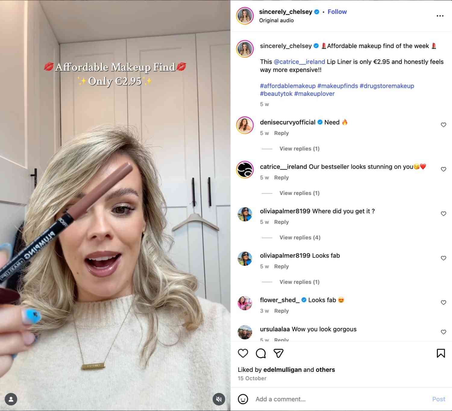 Chelsey Harrington’s Instagram post shows her demonstrating an affordable lip liner