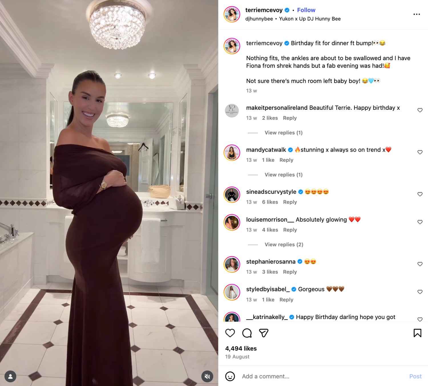 Terrie McEvoy’s Instagram post shows her posing in her birthday outfit while pregnant