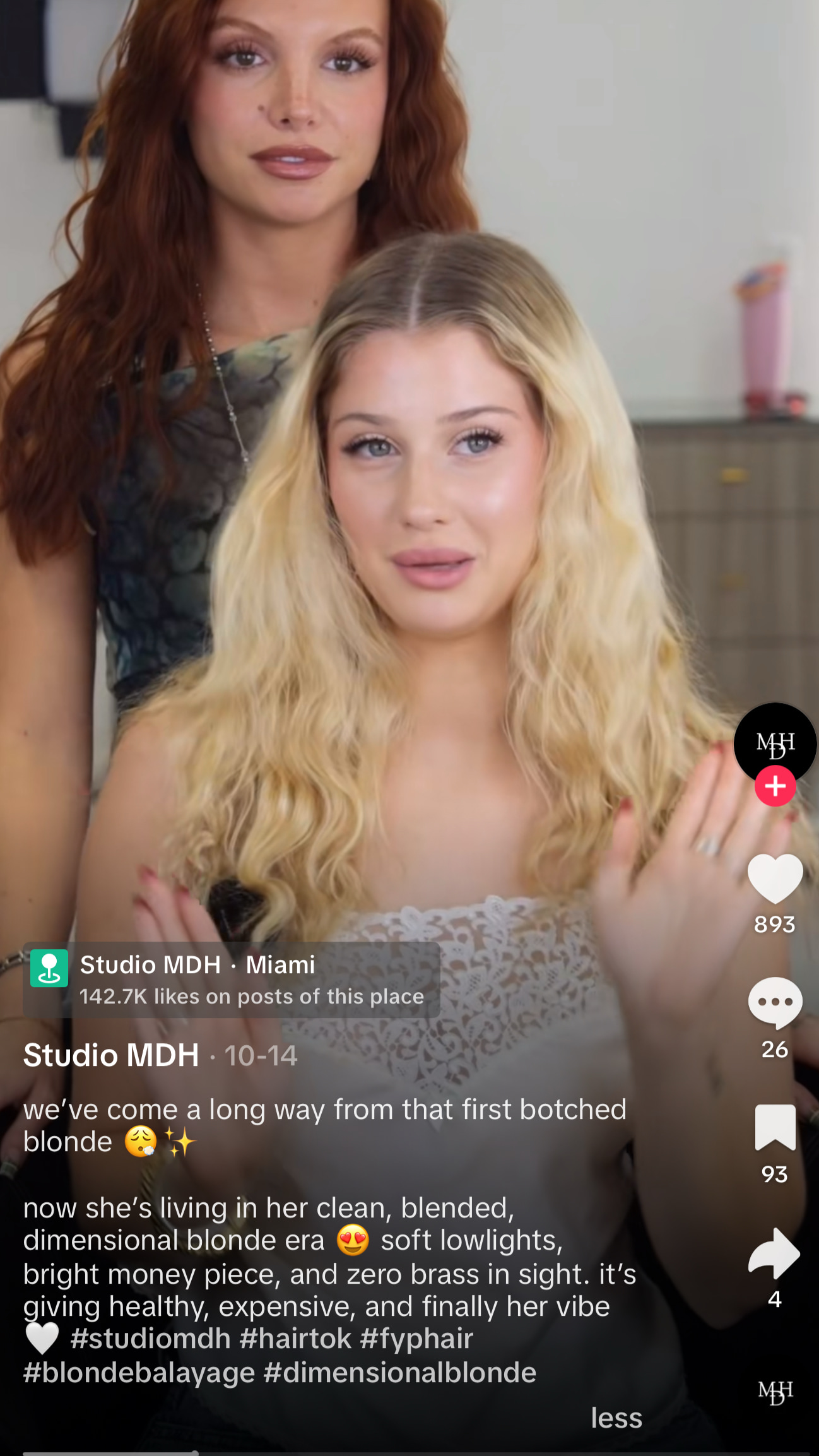 A stylist and a customer, with a caption that says, “We’ve come a long way from that first botched blonde”