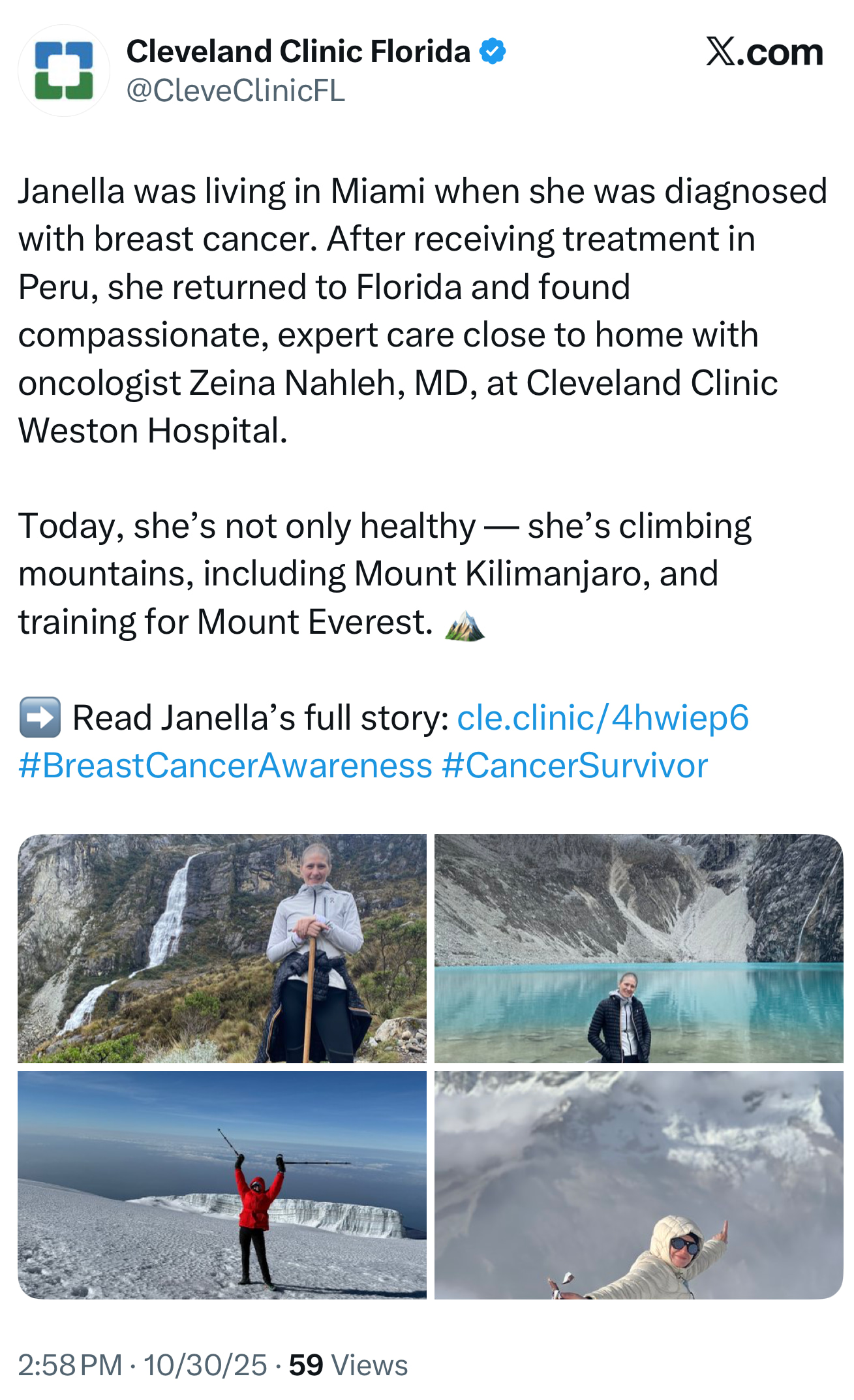 Cleveland Clinic Florida’s post shows pictures of Janella, a Miami cancer survivor, after treatment