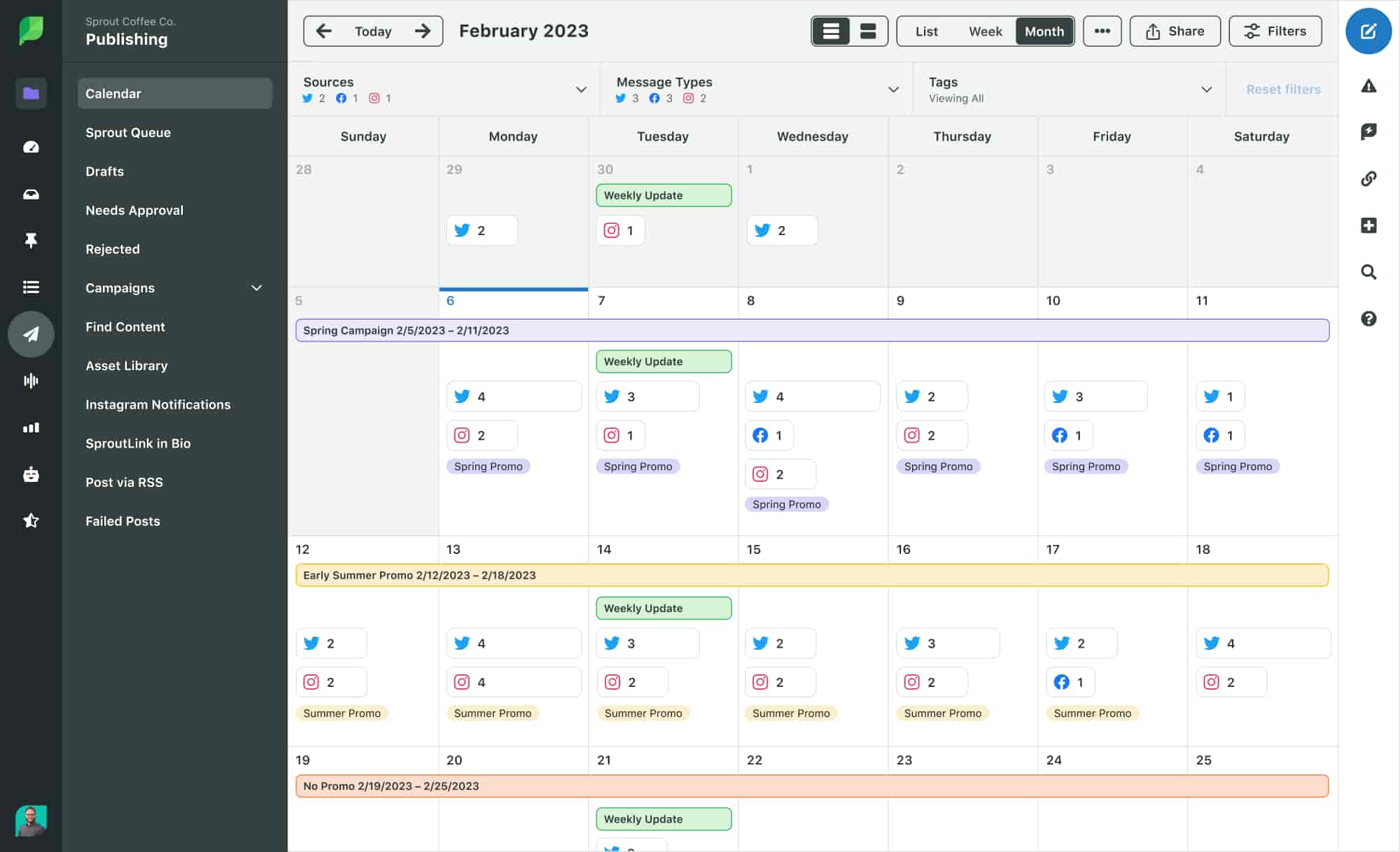 Sprout Social publishing dashboard calendar view showing sample campaigns