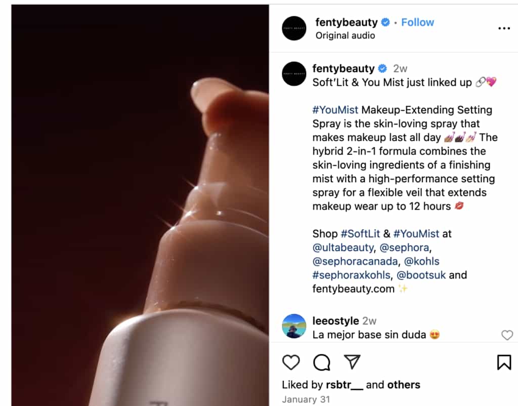 A post from Fenty Beauty on Instagram promoting its make-up setting spray using several hashtags
