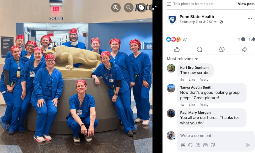 Post from Penn State Health on Facebook where they often respond to queries from patients and caregivers