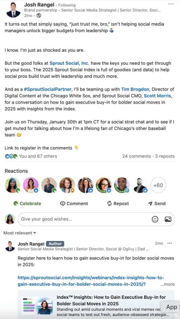 A linkedin from Josh Rangel, a member of the Sprout Social Index Council for the 2025 report.