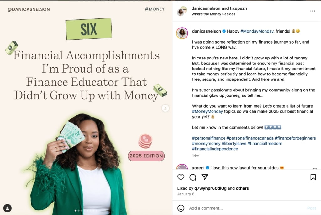 An Instagram post from micro influencer Danica Nelson, a Canadian finance and travel creator. She has worked with brands like Mydoh, Rakuten and Porter Airlines.
