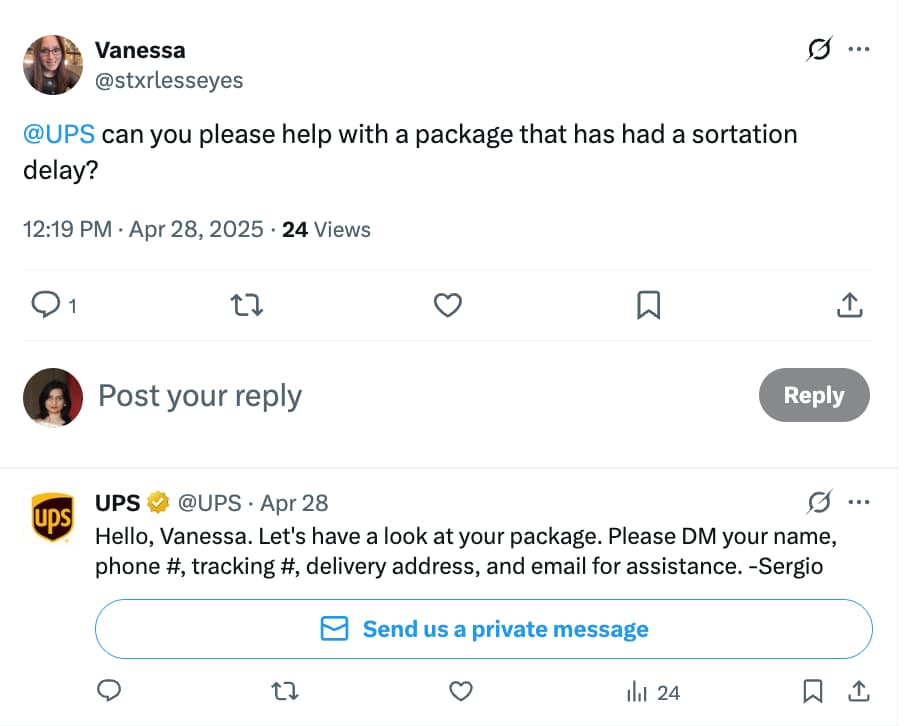 An X post from UPS where a customer reached out to UPS over a delayed package, the brand responded promptly.