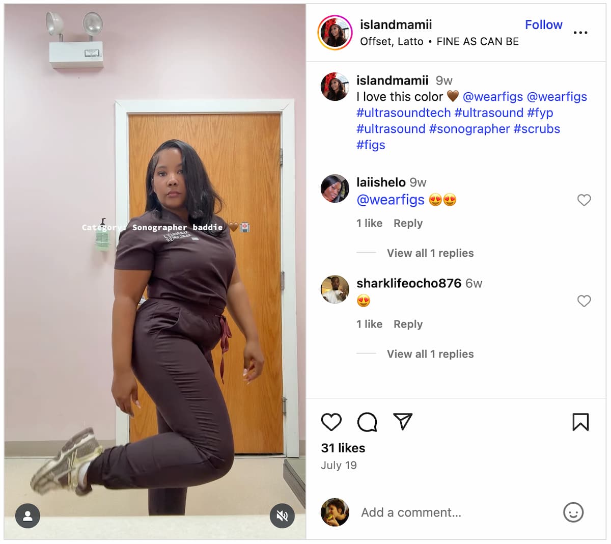 A user-generated Instagram post from an ultrasound tech showing off her Figs brand scrubs. 