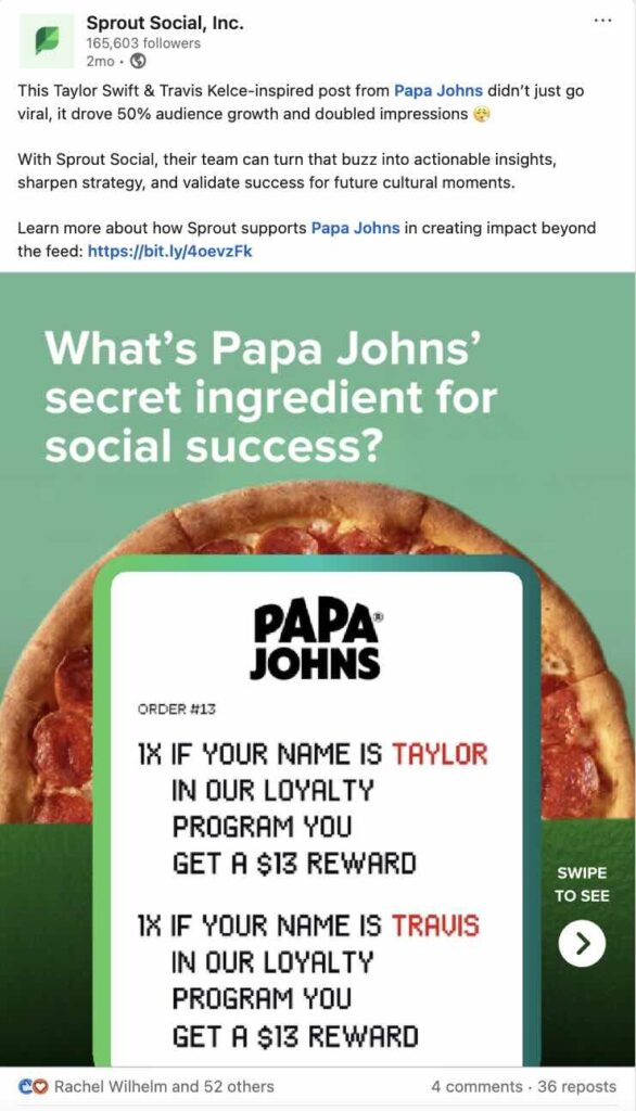 A LinkedIn carousel from Sprout Social analyzing the success of Papa John's recent post about Taylor Swift and Travis Kelce