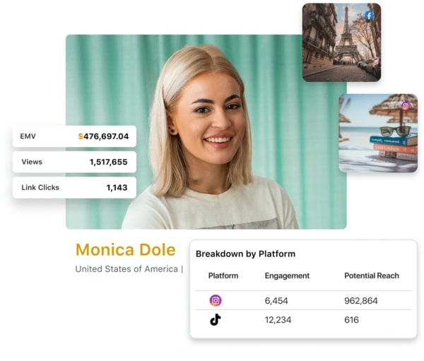 Example metrics included in Sprout Social Influencer Marketing Reports, like EMV and link clicks for each influencer.