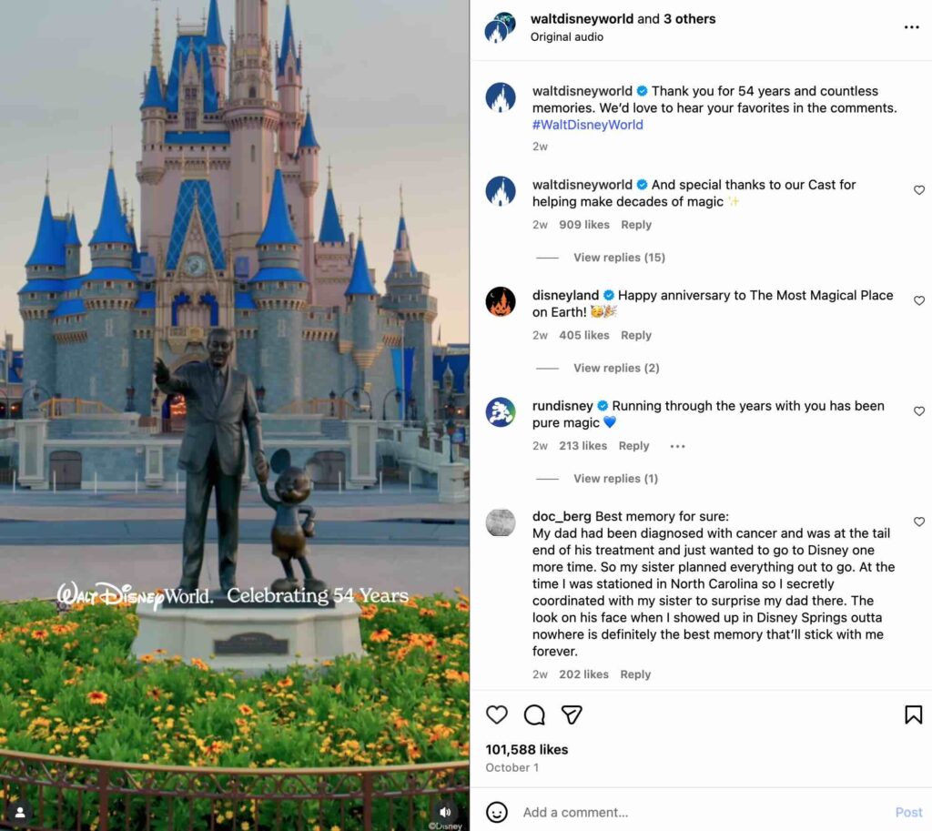 An Instagram post from Walt Disney World featuring the ‘Partners’ statue in front of Cinderella castle, celebrating its 54th anniversary by asking people to share their favourite memories in the comments. 