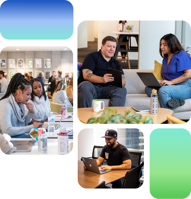 Two people at a table appear focused on a document or tablet during a meeting.