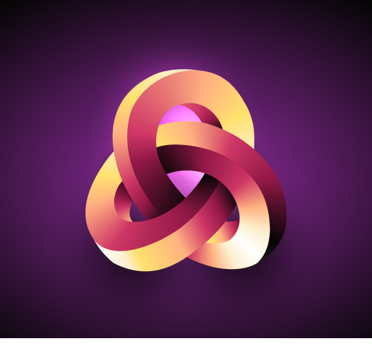 An interlocked, knot-like design in shades of gold, orange‌ and purple, against a dark background with a purple glow. Representing the Sprout Social company value: "All In, All Together."