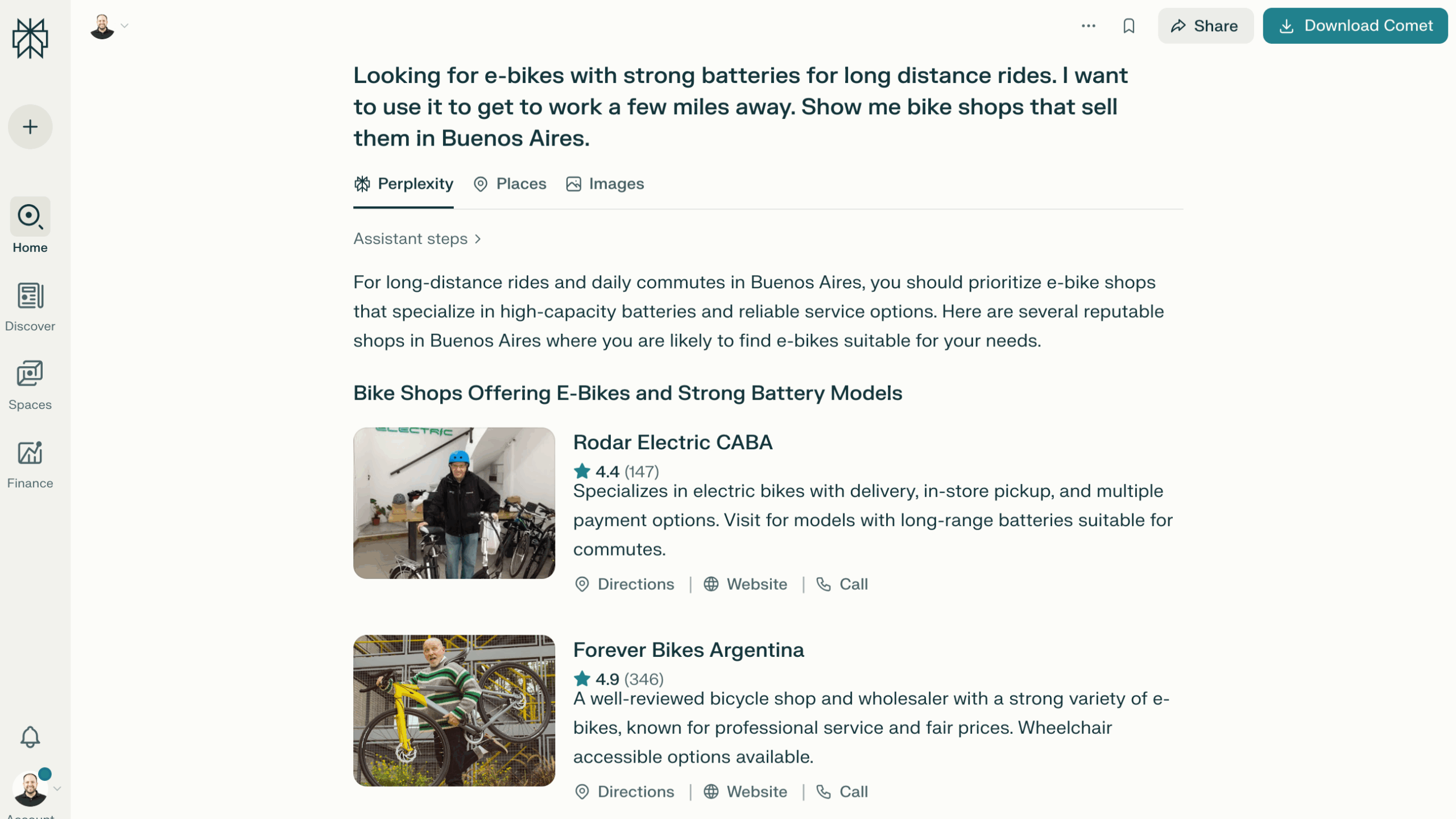A Perplexity search for the best e-bikes for commuting, with locations in Buenos Aires to buy them from