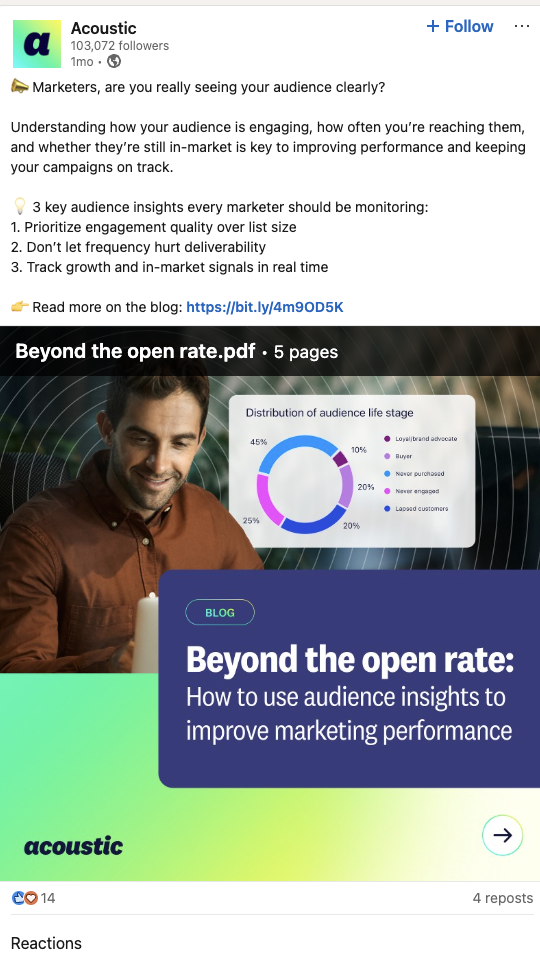 Acoustic’s LinkedIn post shares tips for using audience insights to improve marketing performance