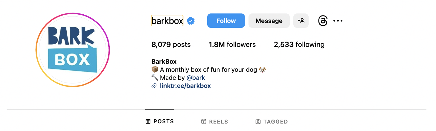 barkbox Instagram profile with the brand's logo as a profile picture
