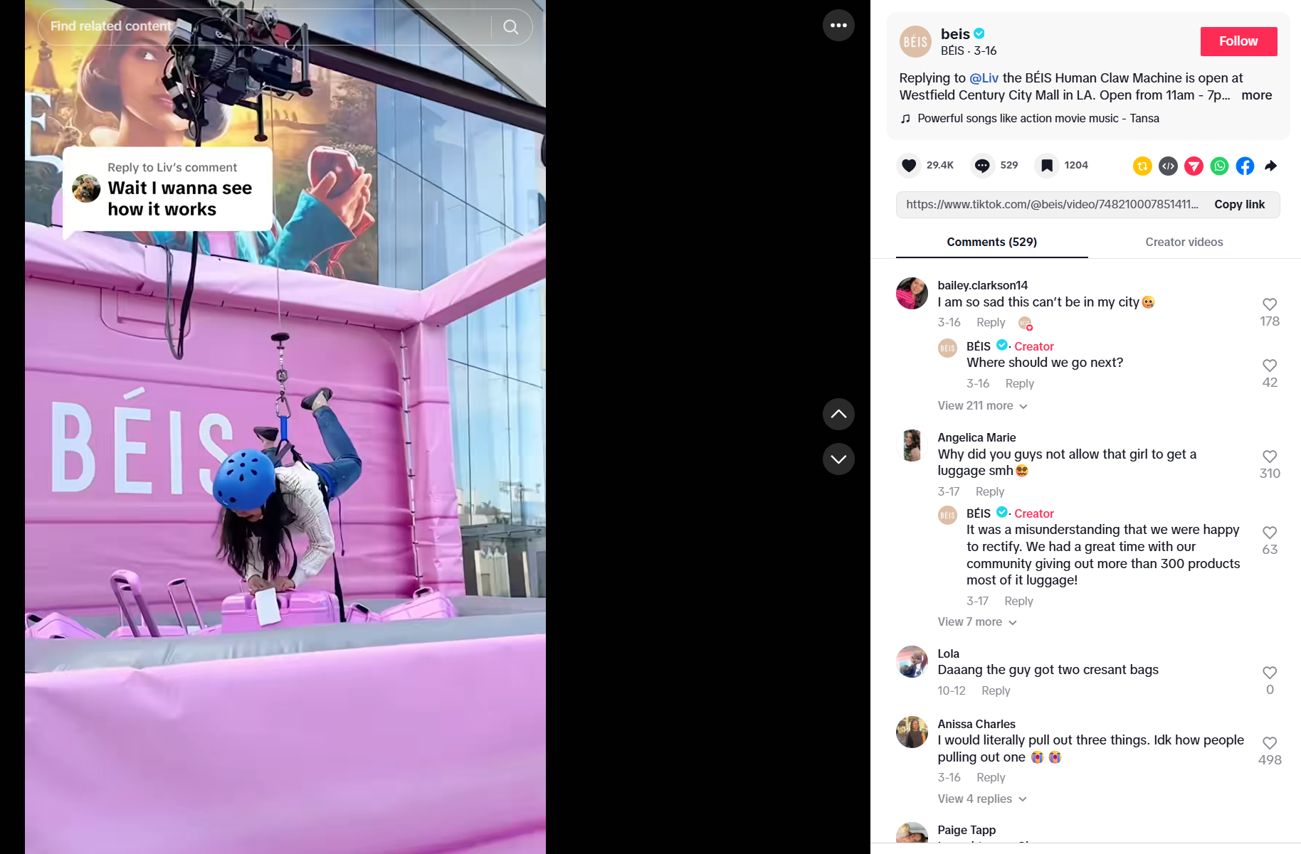 A TikTok post from BEIS featuring a human claw machine.