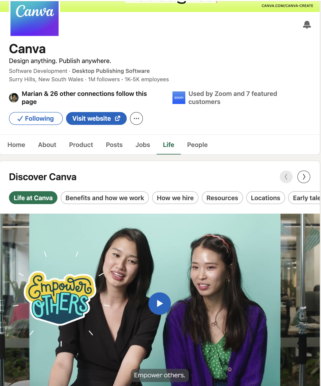 "life" tab of the canva linkedin page showing a video of two asian women with a text overlay saying "empower others"