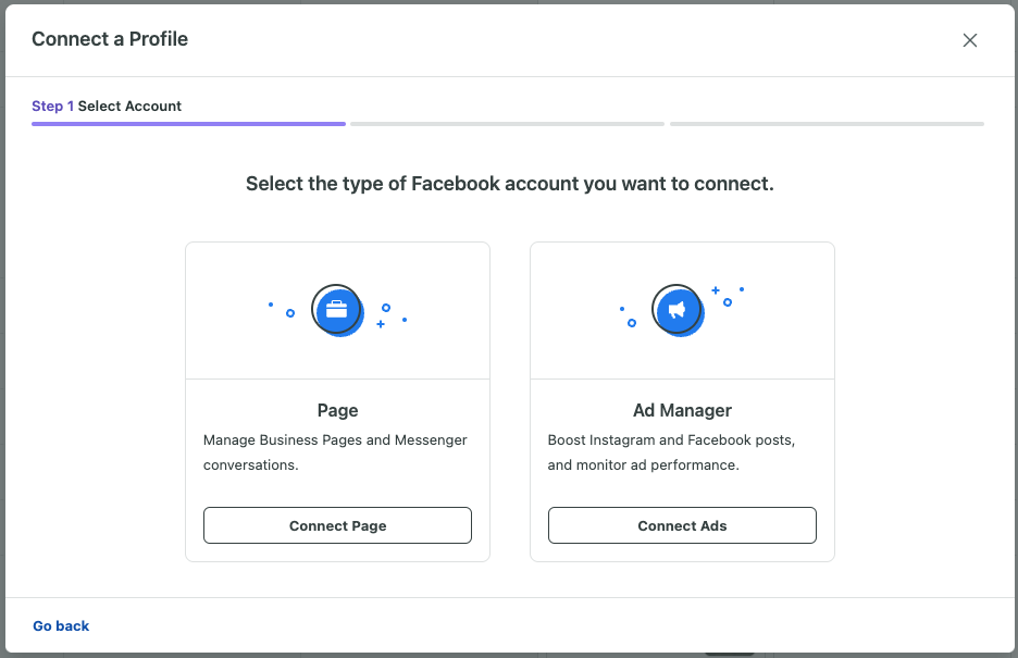 Dashboard screen where you can select the Facebook account you want to connect in Sprout Social