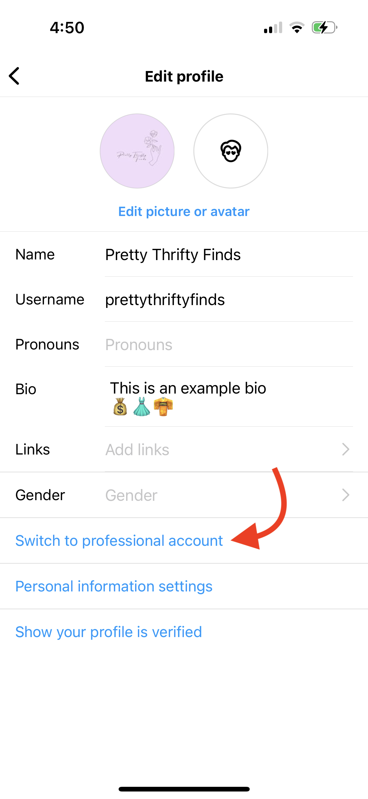 Instagram edit profile page with arrow pointing to the "Switch to professional account" button