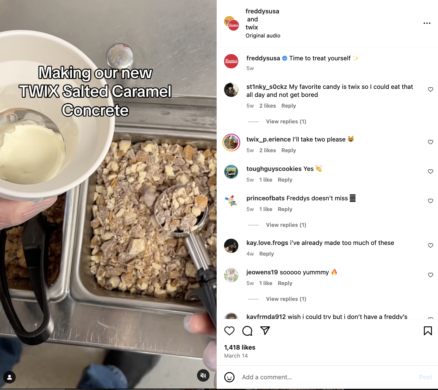 Instagram Reel from Freddy's USA featuring a person holding a cup and scooping from a container and text overlay that reads "making our new TWIX salted caramel concrete"