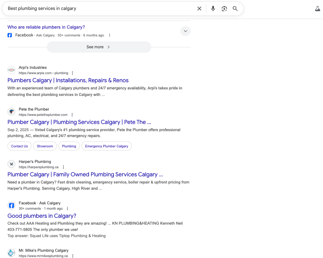Organic search results show companies like Arpi’s Industries, Pete the Plumber and Harper’s Plumbing