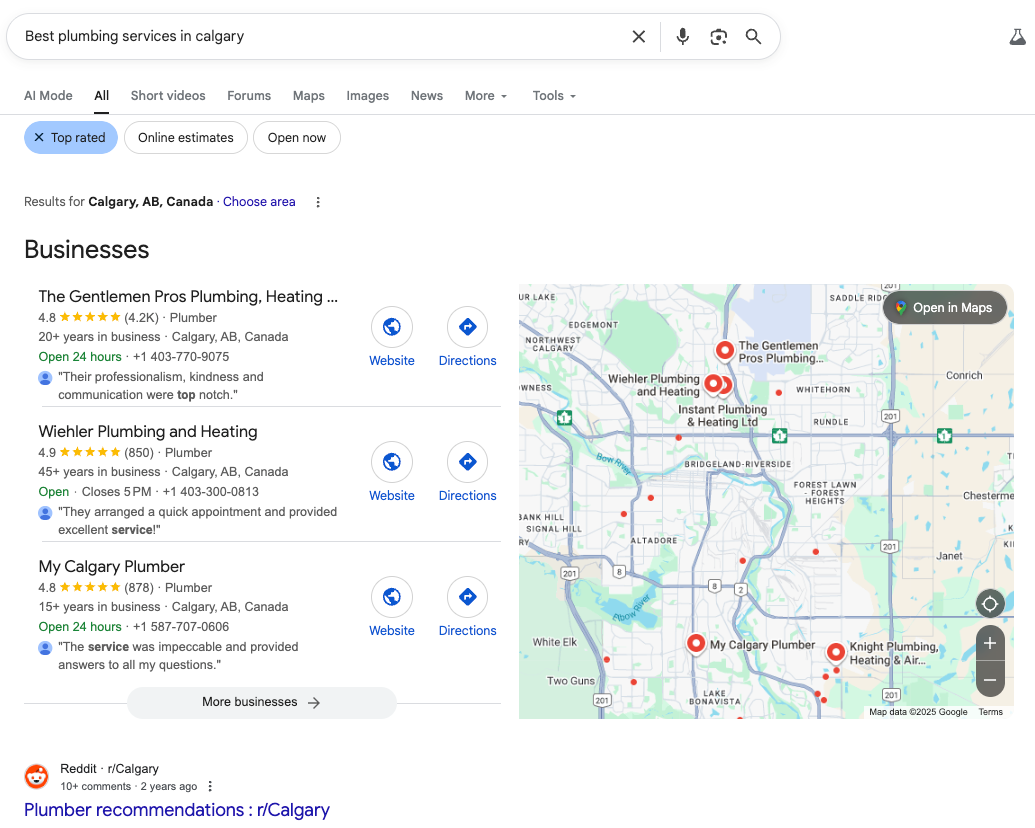 A search for “best plumbing services in calgary” shows a local pack with a map, profiles with local hours and a Reddit discussion