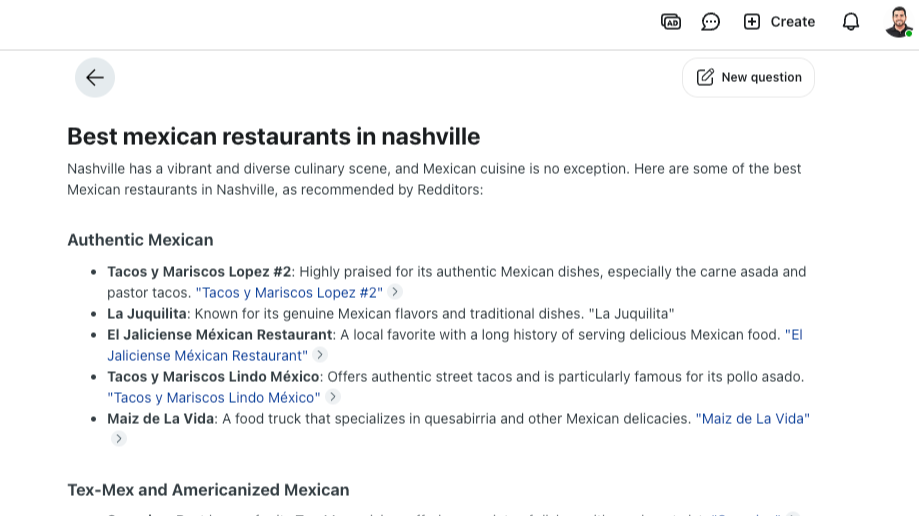 Reddit Answers results show discussions about top Mexican restaurants in Nashville, like Tacos y Mariscos