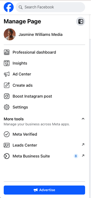 An example screenshot of the Facebook management interface. There is a sidebar showing tabs for Insights, Ad Center and Settings. 