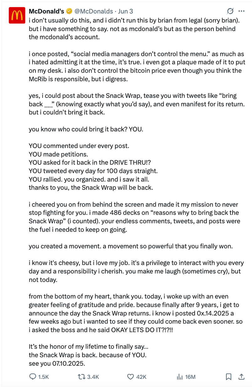 Posts from McDonald’s X account, explaining how they used social listening to bring back the snack wrap.