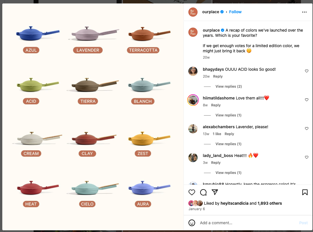 An Instagram post from Our Place featuring all of their product colorways.