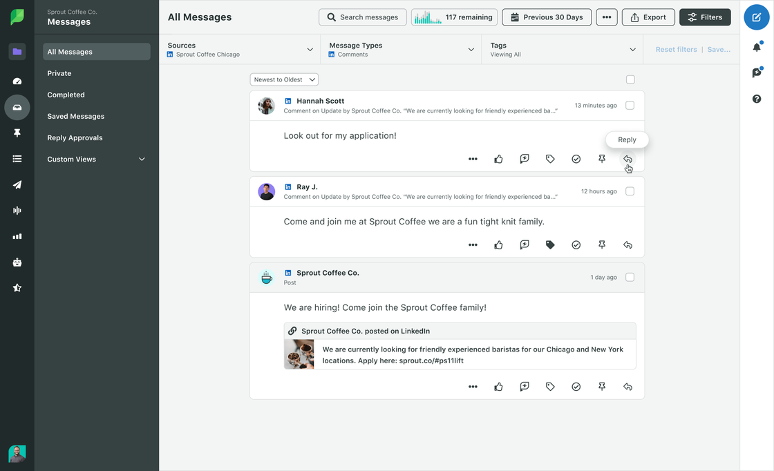 Sprout’s Smart Inbox dashboard shows sources, message types and tags.
