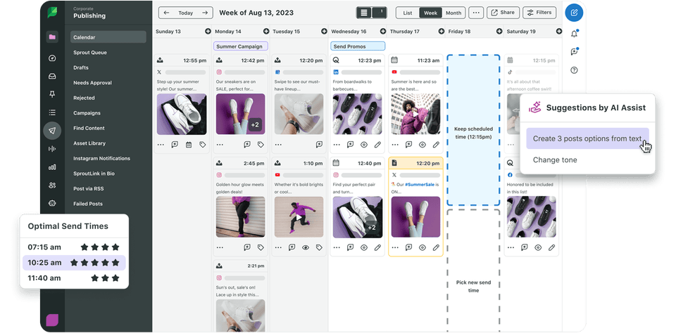 Sprout Social Product Image of the Publishing Week View Using the Drag and Drop Feature.