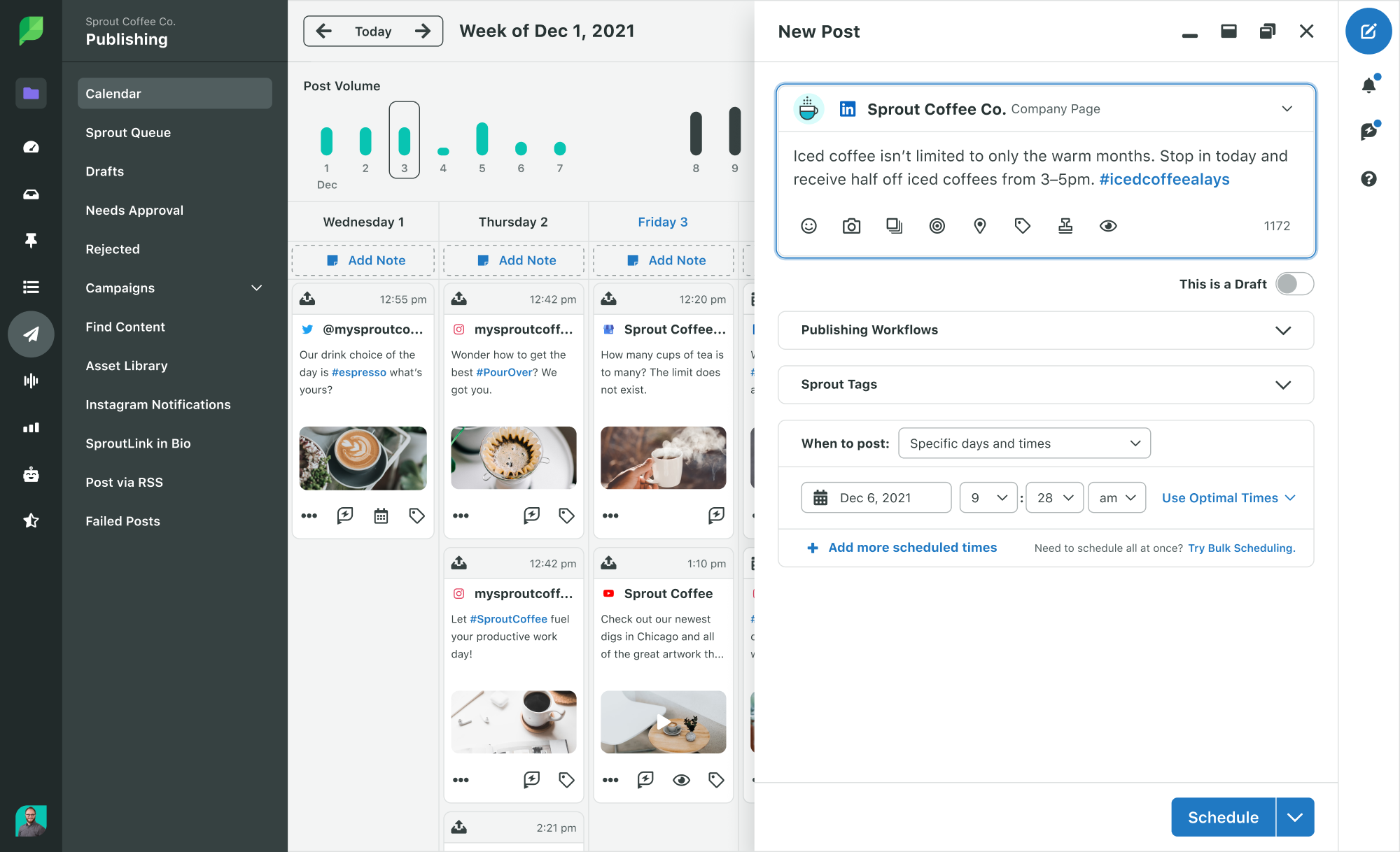 sprout's linkedin publishing calendar with a compose window and scheduling options
