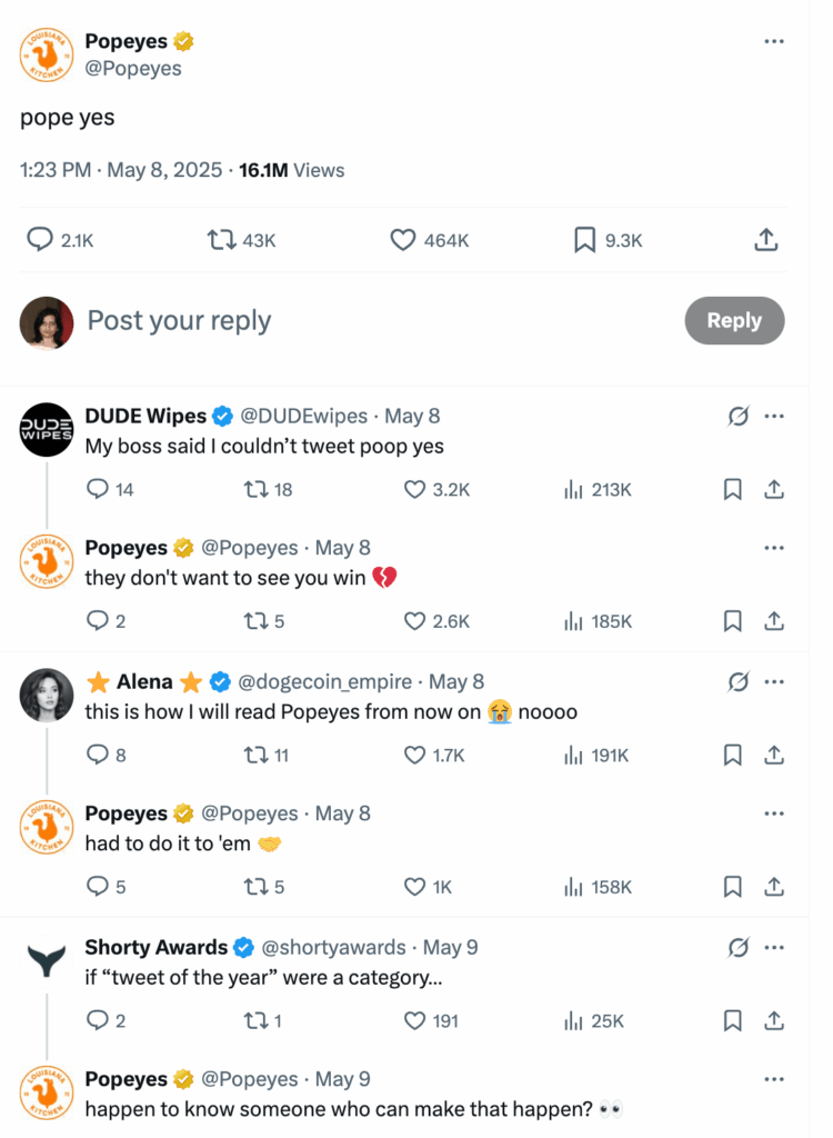 An viral X post from Popeyes that garnered 16 million views.