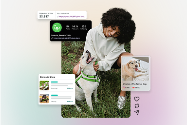 Display includes social media profile for Snouts, Paws & Tails featuring a link in the bio to their donation page and product UI showing total page views for the donation page and Sprout's Employee Advocacy stories ready to share.