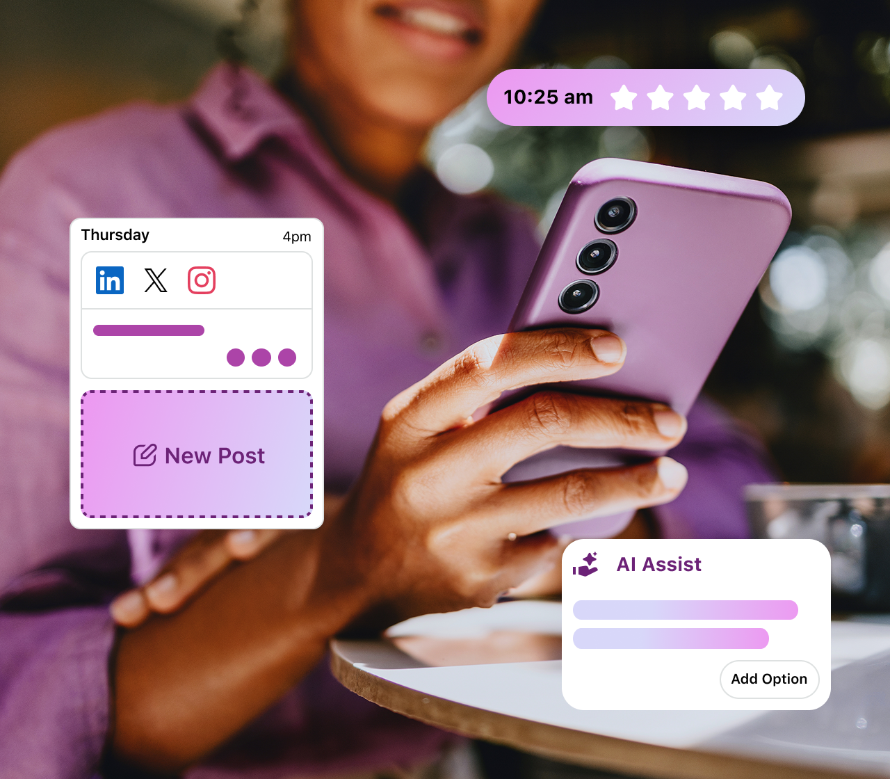 Close-up of a person's hands holding a purple smartphone displaying the Sprout Social interface, featuring scheduling options like "New Post," social media channel icons, a time stamp of "10:25 am," and an "AI Assist" feature with an "Add Option" button.