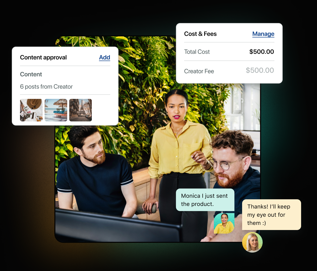An example of a marketing team reviewing project progress on a computer. On the interface, you see approvals, budgets and hired creators.