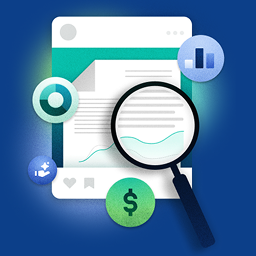 A collection of icons, including a magnifying glass, chart, dollar sign‌ and social media symbols, symbolizing proving organic social media ROI.