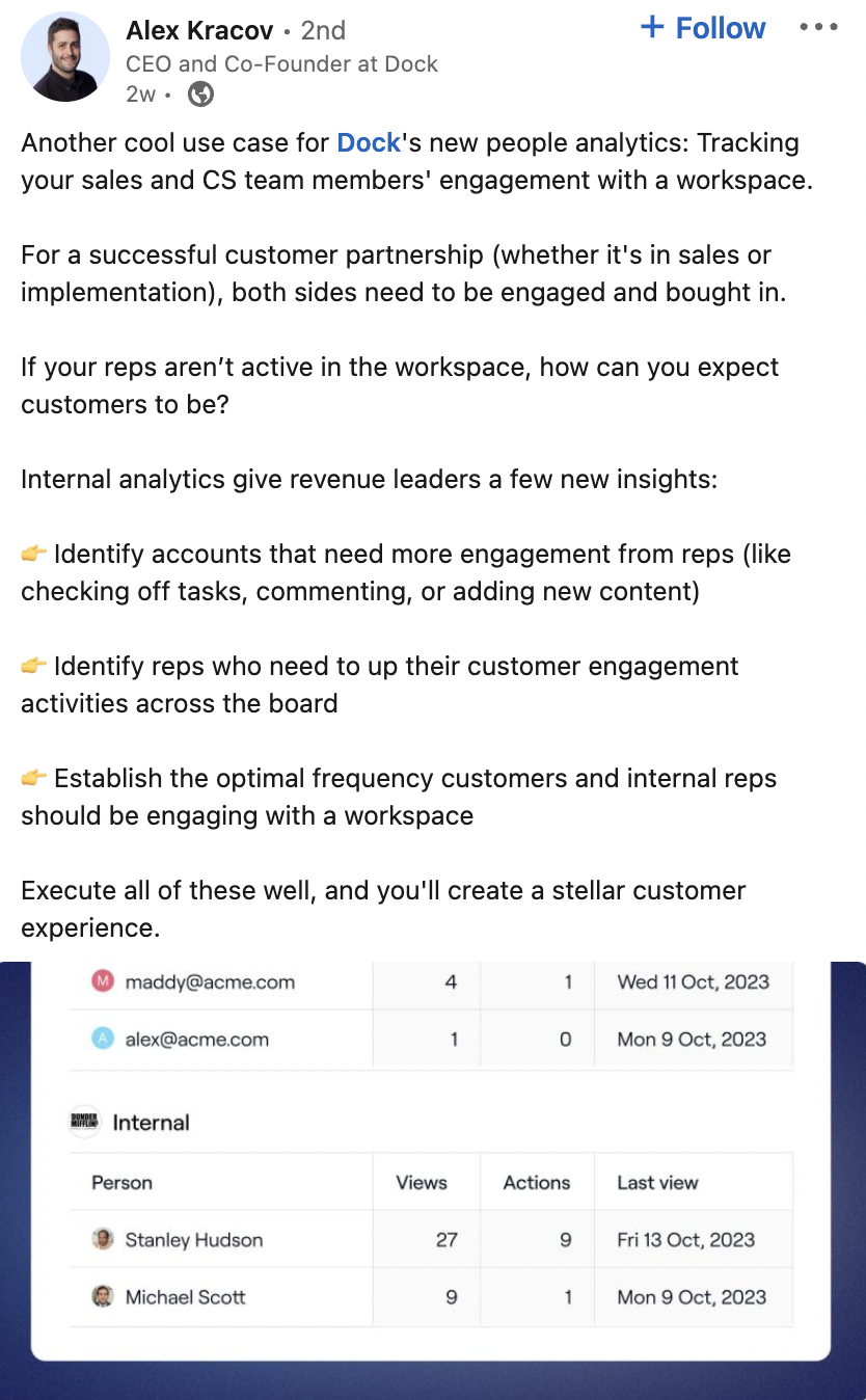 A LinkedIn post from Dock's CEO promoting a use case for its new feature, people analytics.